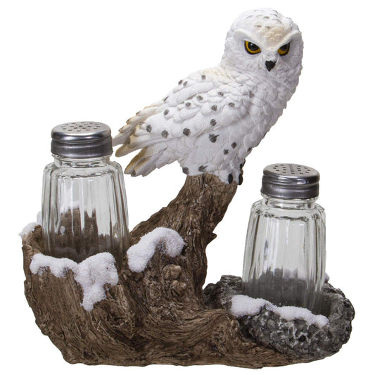 Pacific Trading Giftware Snowy Owl Perching On Tree Branch Spiritual Realistic Decorative Glass Salt and Pepper Shakers Set with Resin Holder