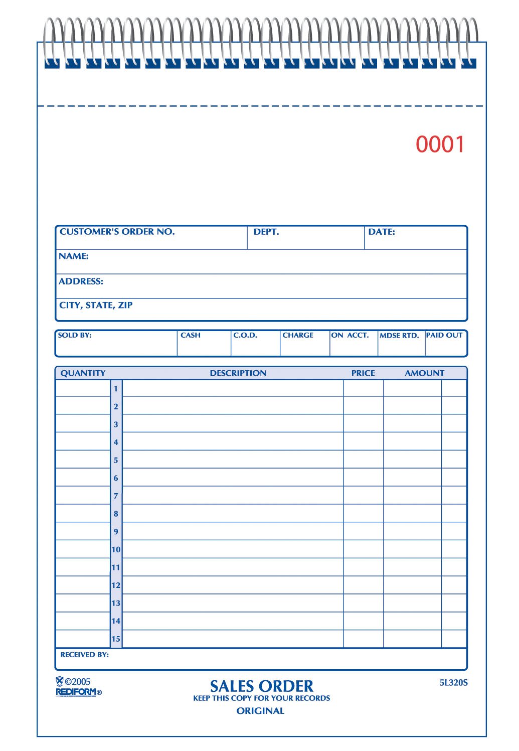 Rediform Sales Order Book, Wirebound, Numbered, 5.5 x 7.875 inches, 50 Duplicates (5L320S )