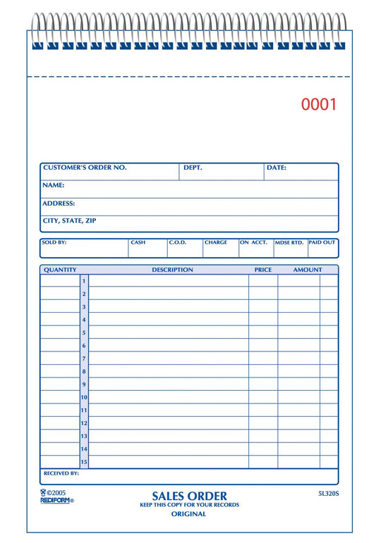 Rediform Sales Order Book, Wirebound, Numbered, 5.5 x 7.875 inches, 50 Duplicates (5L320S )