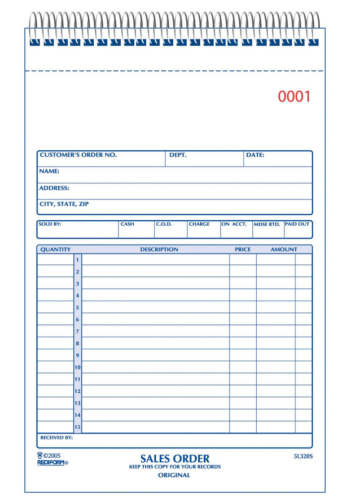 Rediform Sales Order Book, Wirebound, Numbered, 5.5 x 7.875 inches, 50 Duplicates (5L320S )