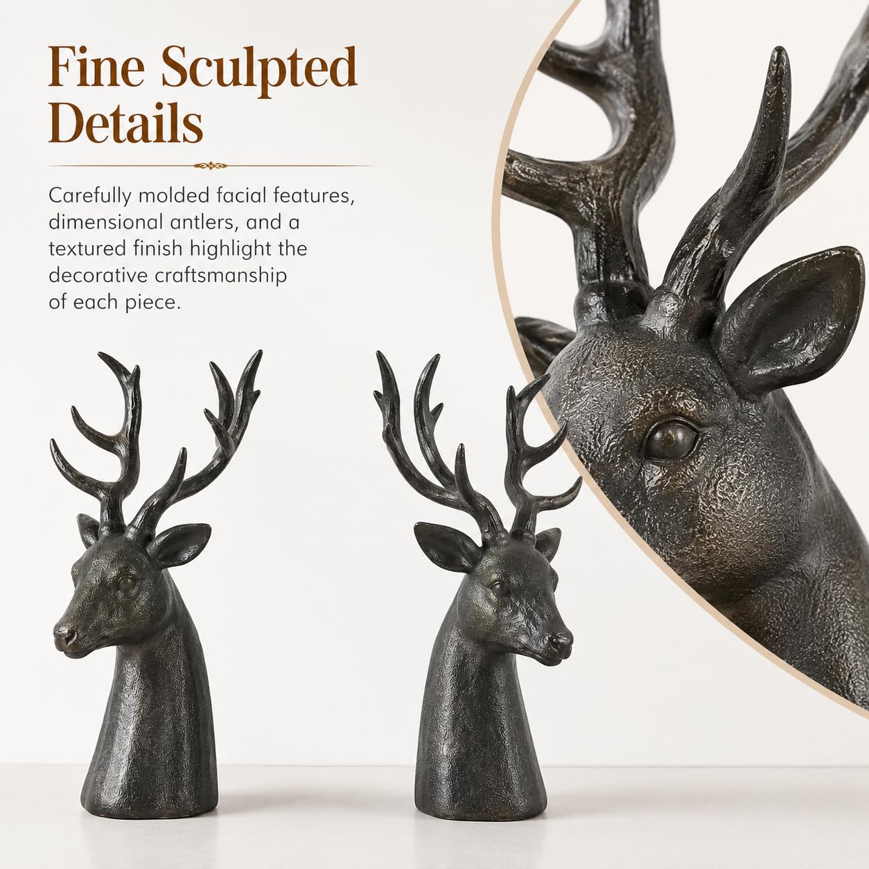 Comfy Hour Farmhouse Collection Resin Set Of 2, Deer Head Art Bookends, Solid Heavy Weight, Black