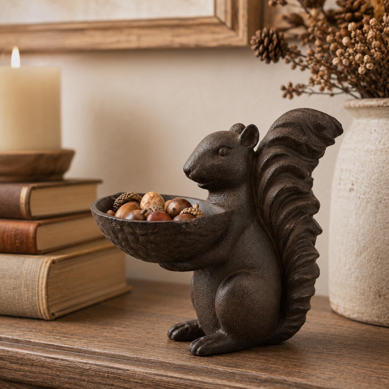 Comfy Hour Farmhouse Home Decor Collection 8" Decorative Squirrel Holding A Plate Figurine, For Indoor Candy Plate Or Outdoor Birdfeeder Use, Polyresin Statue Antique Copper Looking