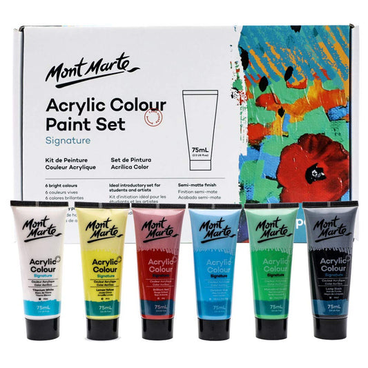 Mont Marte Signature Acrylic Color Paint Set, 6 x 2.5oz (75ml), Semi-Matte Finish, 6 Colors, Suitable for Most Surfaces Including Canvas, Card, Paper and Wood