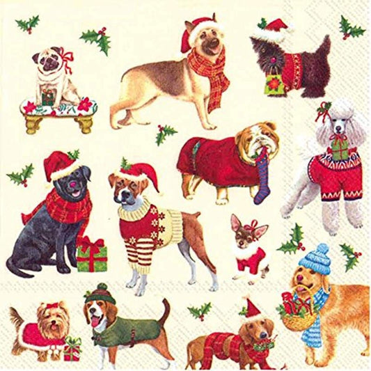 Ideal Home Range Boston International IHR 3-Ply Paper Napkin, 20-Count Cocktail Size, Christmas Dogs