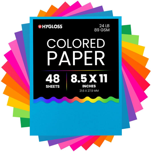 Hygloss Products Bright Paper, 12 Asst'd Colors, 8.5" x 11", 48 Sheets, Assorted (86848)