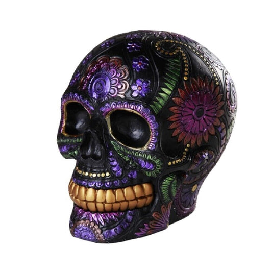 Pacific Trading Giftware Day of The Dead Celebration Black Sugar Skull Floral Design Collectible 6 Inch