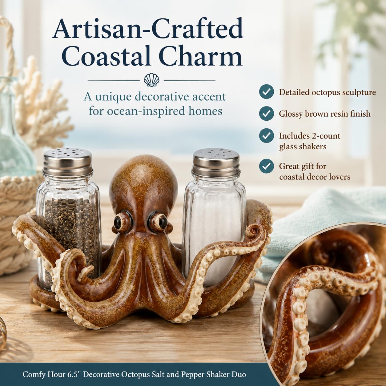 Comfy Hour 6.1 Inch Octopus Salt and Pepper Holder, Glass Shakers, Set of 2