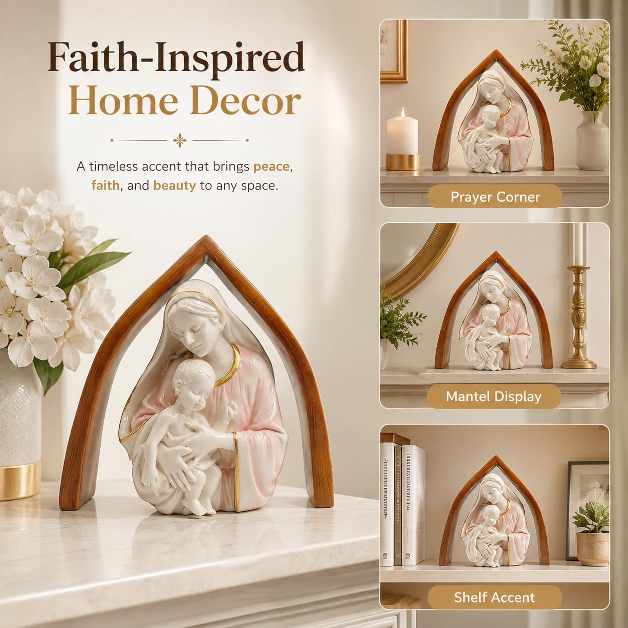 Comfy Hour 10 Inch Mary Statue, Madonna and Child, Wooden-Look Arch