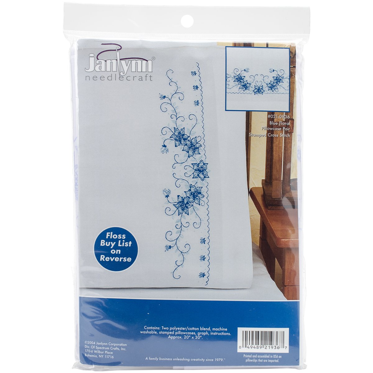 Design Works Crafts Janlynn 65-32083 Blue Floral Pillowcase Pair Stamped Cross Stitch-20 X30