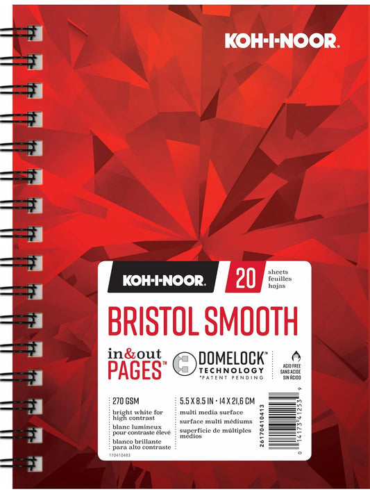 Chartpak Koh-I-Noor Bristol Smooth Bright White Paper Pad with In and Out Pages, 270 GSM, 5.5 x 8.5", Side Wire-Bound, 20 Sheets per Pad (26170410413)