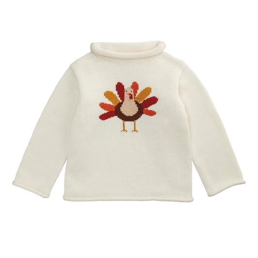 Mud Pie Sweater, White, Kids Thanksgiving Turkey Rollneck Sweater