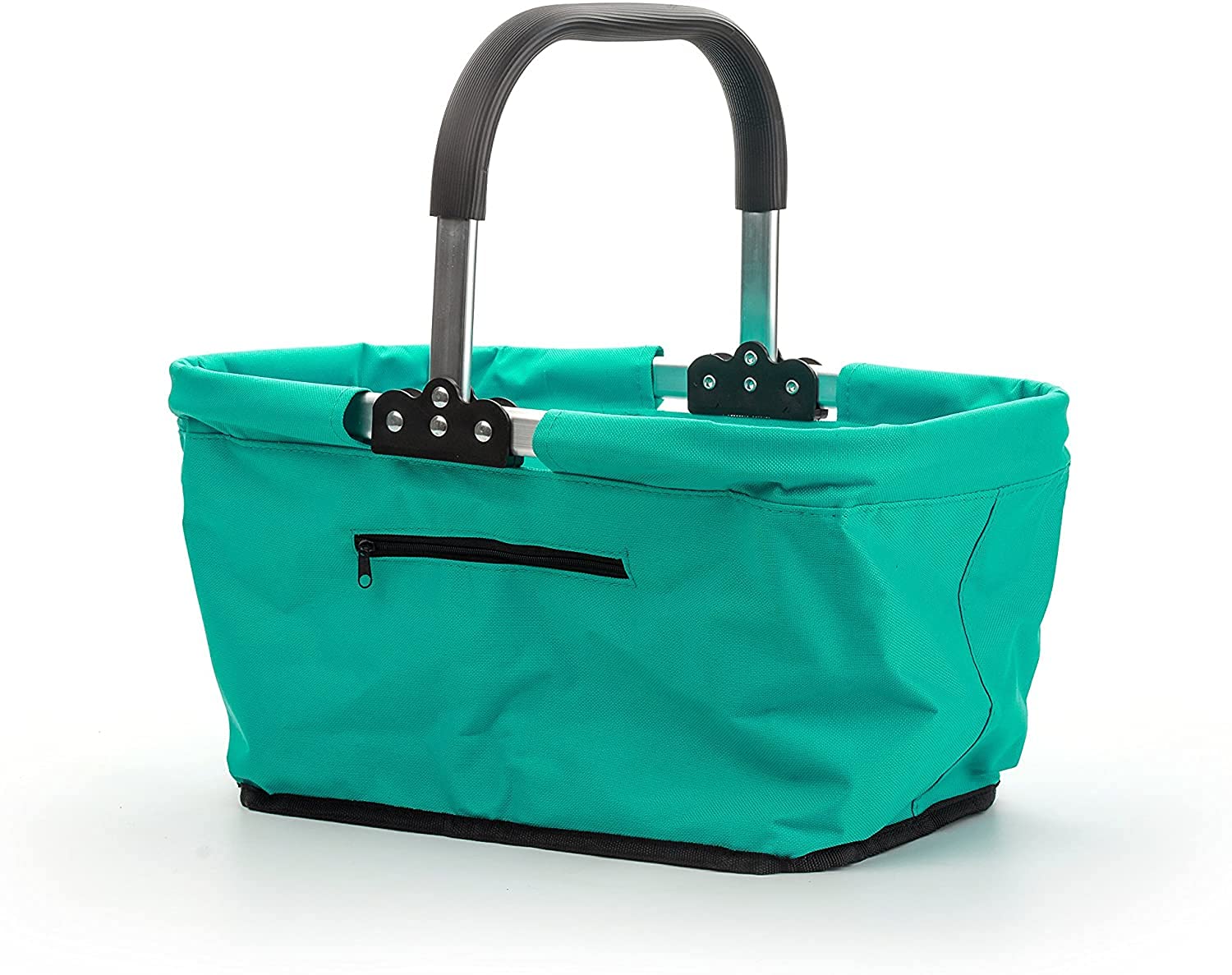 RSVP International Collapsible Market Basket, Turquoise | Aluminum Frame | Polyester Fabric | Large Zippered Compartmet | Space-Saving Storage, One Size, Turqouise