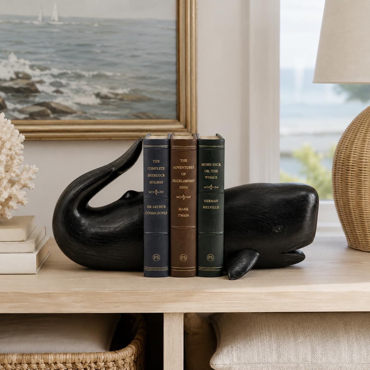 Comfy Hour Farmhouse Home Decor Collection Resin Set 2 Whale Bookends Art Bookends Solid Heavy Weight, Black