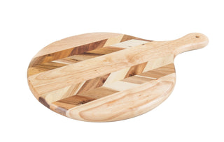 Lipper International Acacia and Rubberwood Herringbone Round Charcuterie Paddleboard for Hors D’oeuvres, Cheeses, Meats or Snacks, 16 1/2 x 11 1/2" x 3/4"