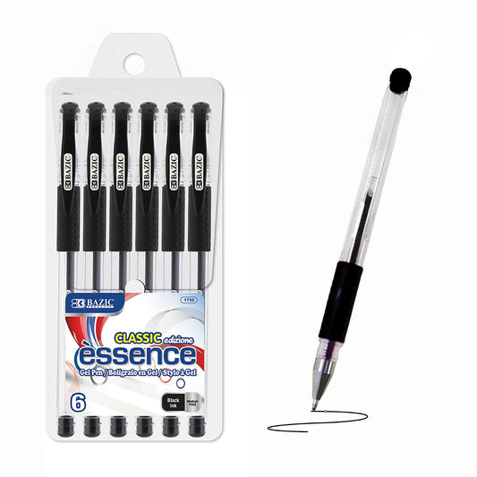BAZIC Essence Black Gel-Pen w/Cushion Grip (6/Pack), 1-Pack