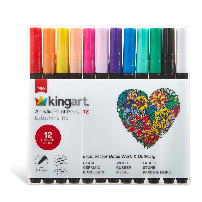 KINGART 454-12 PRO 12 Ct. Extra Fine Paint Pens, 0.7mm Tip, 12 Acrylic Paint Colors, Low-Odor Water-Based Quick Dry Paint Markers for Rock, Wood, Metal, Plastic, Glass, Canvas, Ceramic & More