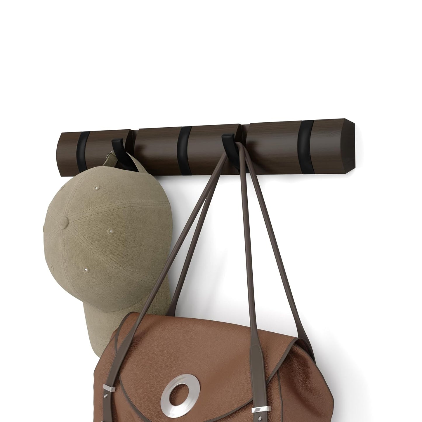 Umbra Flip 5-Hook Wall Mounted Floating Coat Rack  Modern, Sleek, Space-Saving Coat Hanger with 5 Retractable Hooks to Hang Coats, Scarfs, Purses and More, Walnut/Black