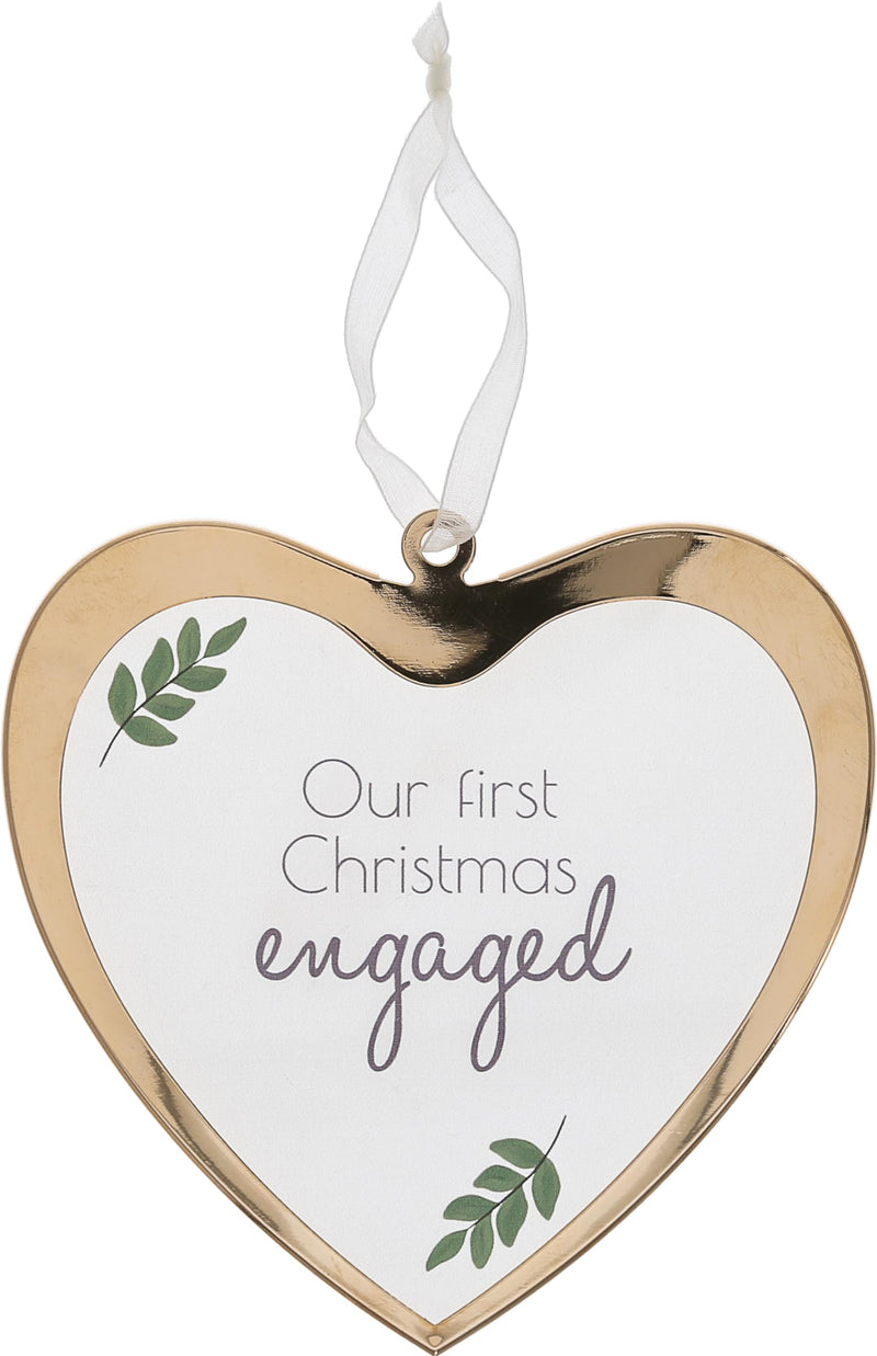 Pavilion - Our First Christmas Engaged - 4.75" Glass Heart Ornament Classy Elegant Modern Celebratory Spouses Husband Wife Bride Groom with Ribbon for Hanging