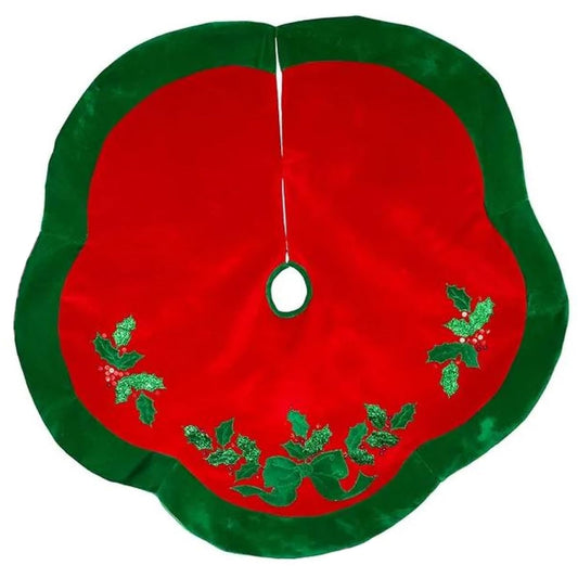 Kurt Adler 48" Velvet Red with Green Leaves Applique Treeskirt