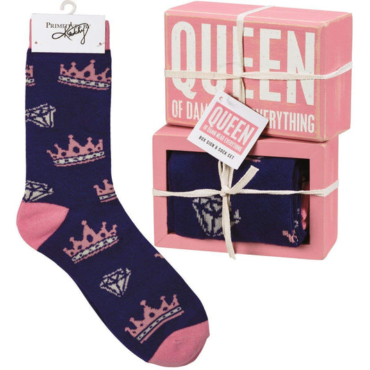 Primitives by Kathy Queen Of Damn Near Everything Home Décor Sign And Sock Gift Set
