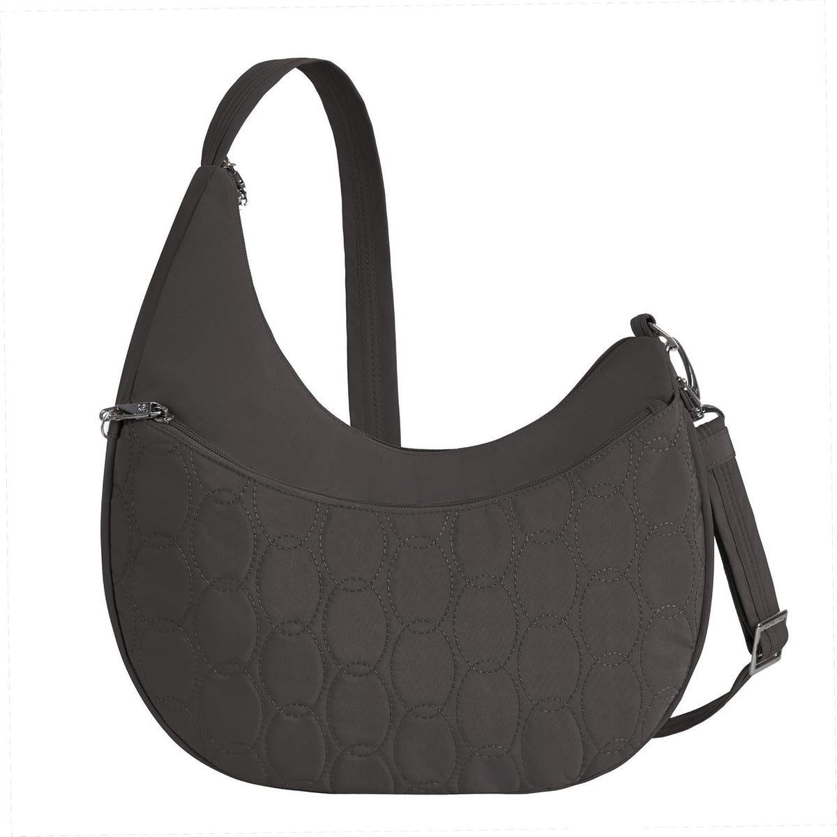 Travelon Handbag, 14”W X 8.5”-10.75”H X 4”D, Smoke