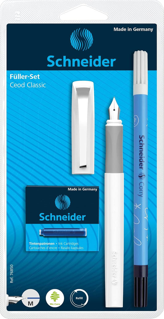Rediform Schneider Pen, Ceod Classic, Fountain Pen (White), Cartridge Refill (Blue Ink), Eraser, Medium (76850)
