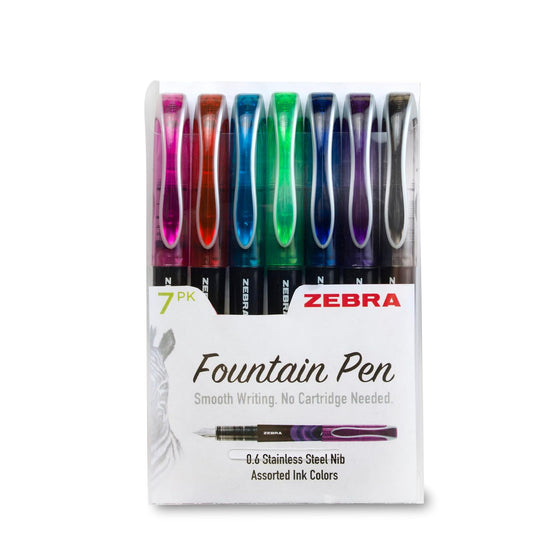 ZEBRA PEN Fountain Pen, Fine Point, 0.6mm, Assorted Colors, Non-Toxic Ink, 7-Count, Model Number: 48307