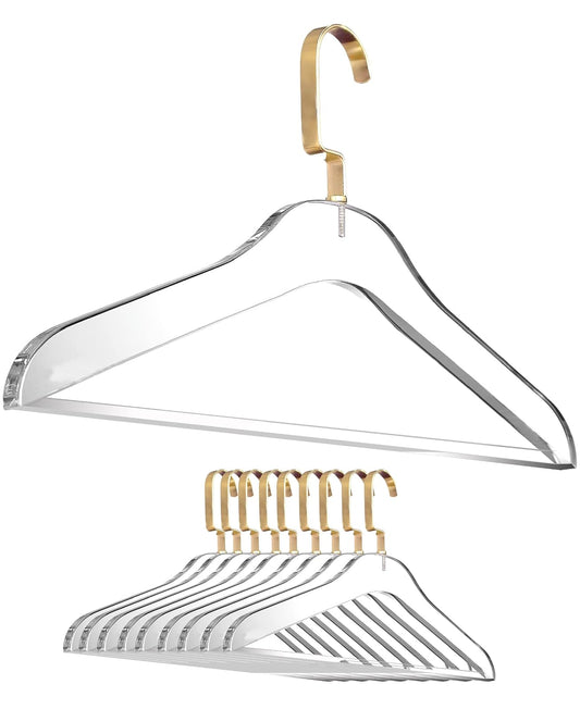Clear Acrylic Clothes Hangers - 10 Pack Stylish and Heavy Duty Closet Organizer with Chrome Plated Steel Hooks - Non-Slip Notches for Suit Jacket, Sweater - by Designstyles (Matte Gold Pants Bar)