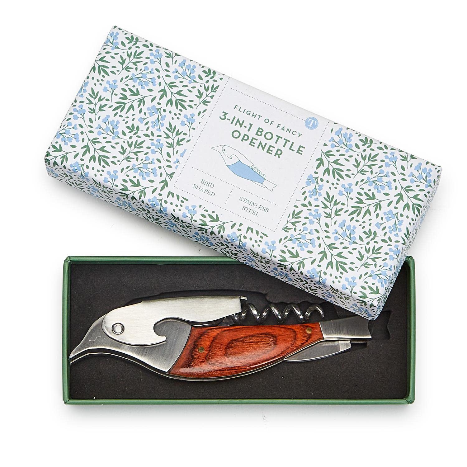 Two's Company Flight of Fancy Bottle Opener in in Gift Box, 5-inch Height, Stainless Steel