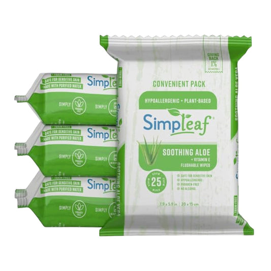 Simpleaf Brands Flushable Wet Wipes | Paraben & Alcohol Free | Safe for Sensitive Skin | Soothing Aloe Vera & Vitamin E Formula | (25-Count) 4 Pack‚Äö√Ñ¬∂