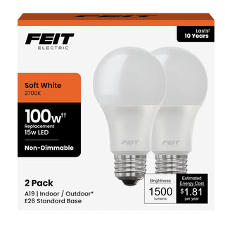FEIT ELECTRIC A1600/827/10KLED/2 Feit 100W Equivalent A19 Soft White Non-Dimmable LED Light Bulb 2 Bulb Pack