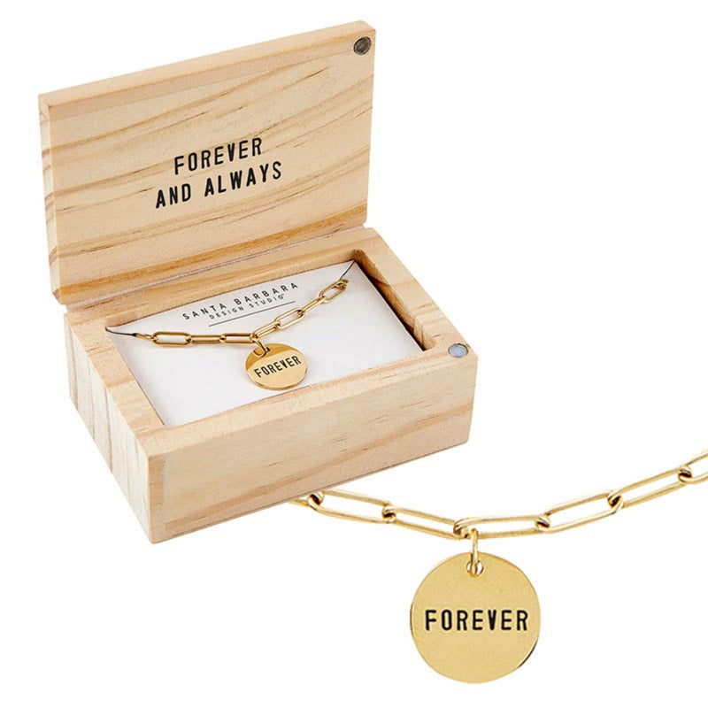 Santa Barbara Design Studio Fleur Jewelry Wedding Gold Plated Link Chain Charm Necklace Wood Boxed Gift Set, 17" Long + 2" Extender, Forever