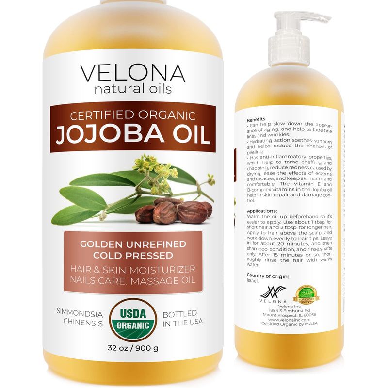 velona Jojoba Oil USDA Certified Organic - 32 oz (With Pump) | 100% Pure and Natural Carrier Oil| Golden, Unrefined, Cold Pressed, Hexane Free | Moisturizing Face, Hair, Body, Skin Care, Cuticles……