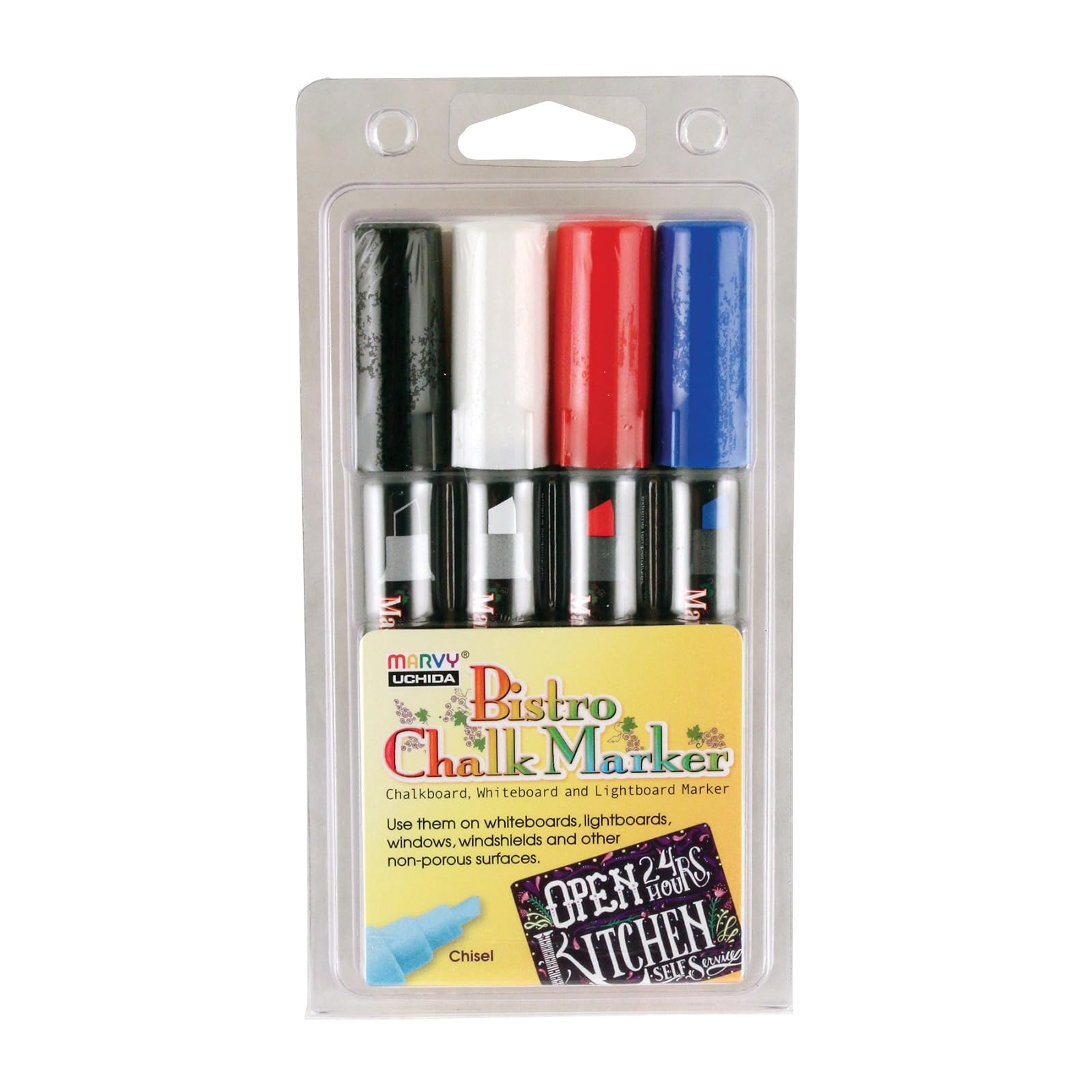 Uchida 483-4C Chisel Tip Bistro Chalk Marker Set, Primary Colors