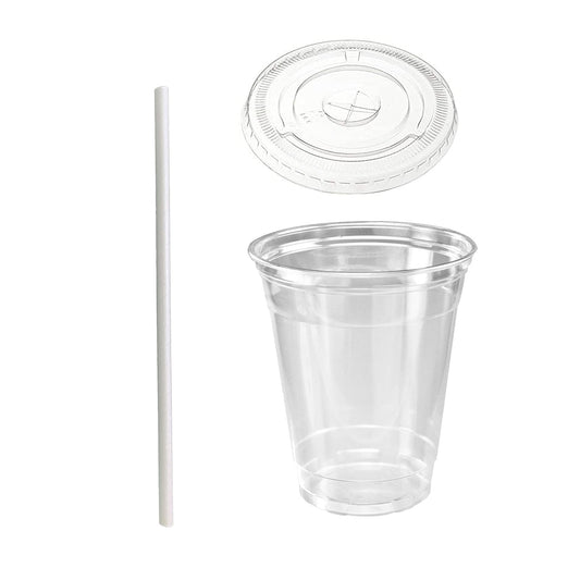 DHG PROFESSIONAL 16 oz Crystal Clear PET Plastic Cups With Flat lids and Paper Straws (50)