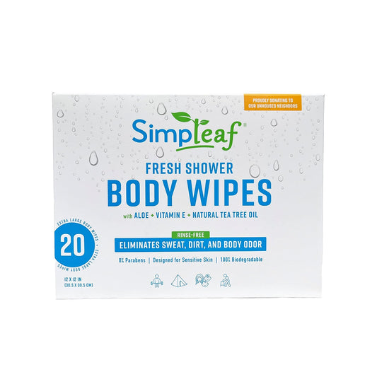 Simpleaf Brands Body Shower Wipes | Extra Large Individually Packed Wipes | Eco- Friendly, Paraben & Alcohol Free | Hypoallergenic & Safe for Sensitive Skin | Vitamin E Infused | 20 Count
