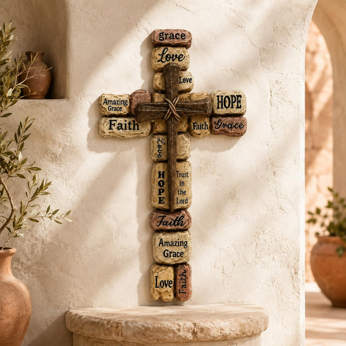 Comfy Hour 12 Inch Cross Wall Decor, Stacked Stone Wall Cross