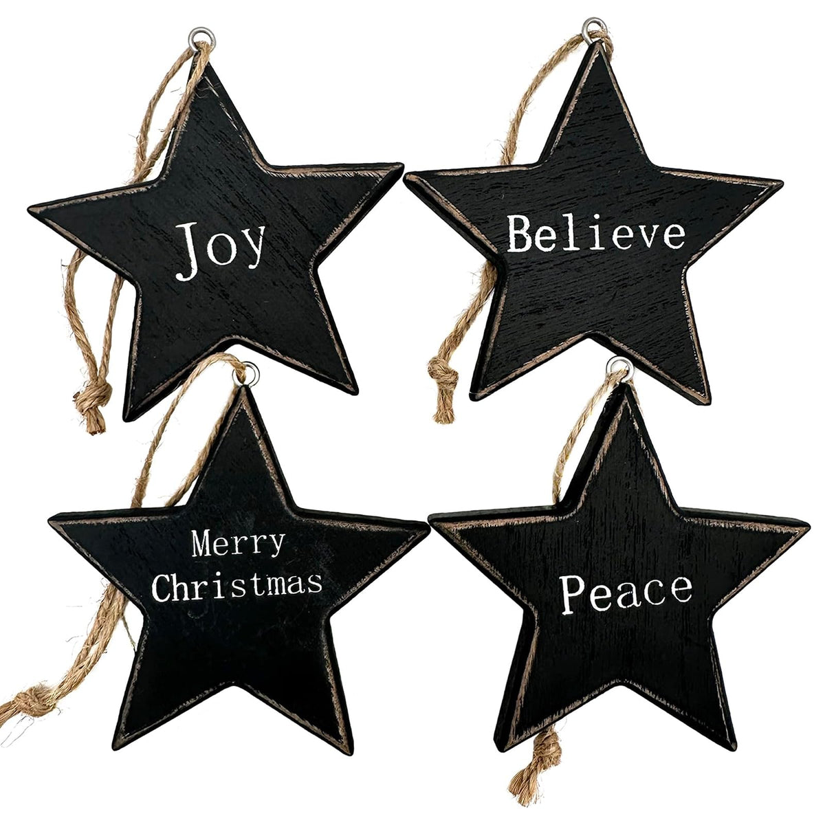 CWI Primitive Wood Black Stars Ornaments Lot of 4 Family Simplify Believe Faith Country Christian - Hearthside