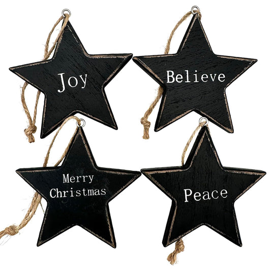 CWI Primitive Wood Black Stars Ornaments Lot of 4 Family Simplify Believe Faith Country Christian - Hearthside