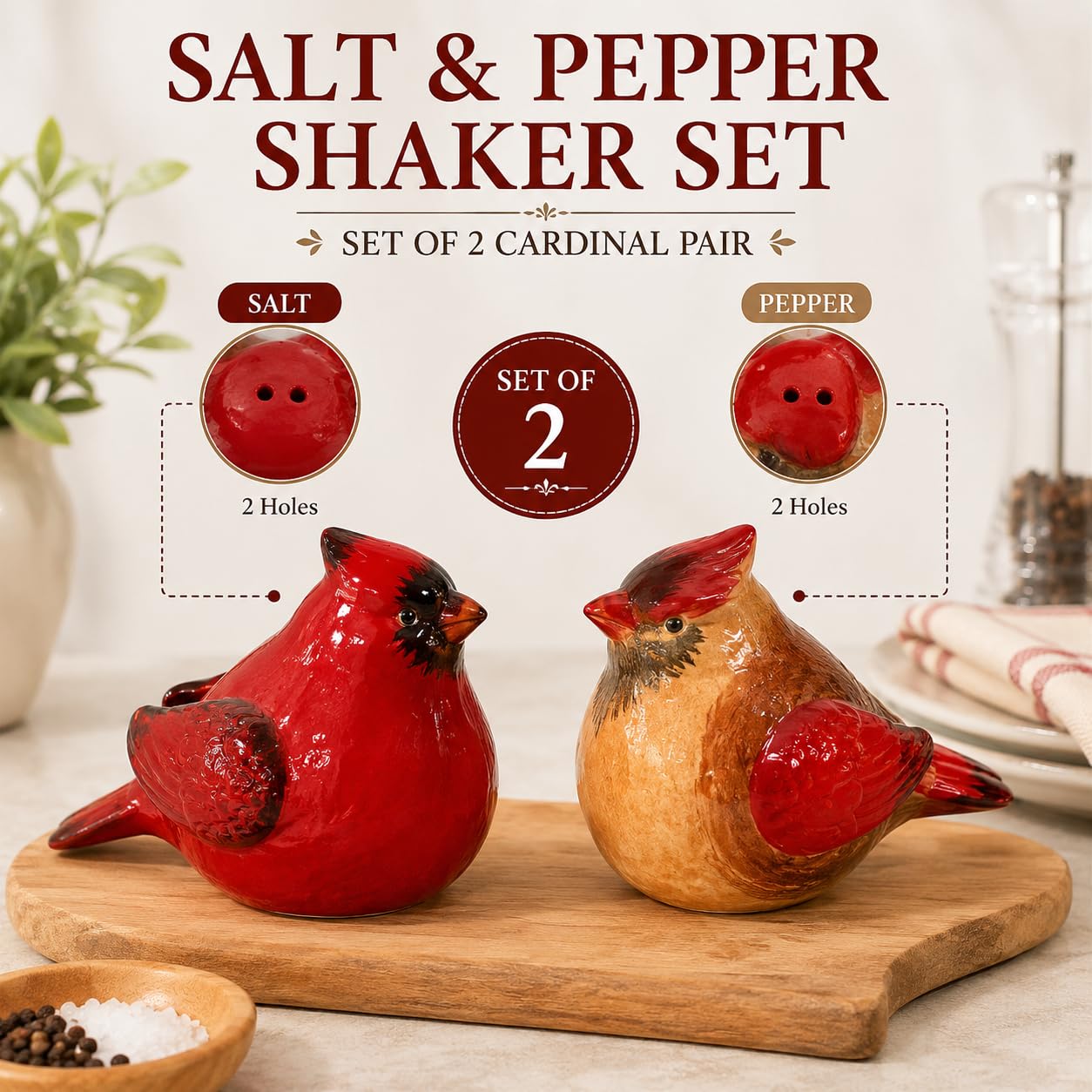 Comfy Hour Farmhouse Collection 3" Two Red Feather Cardinals Salt and Pepper Bottle Stoneware Figurine, Set of 2