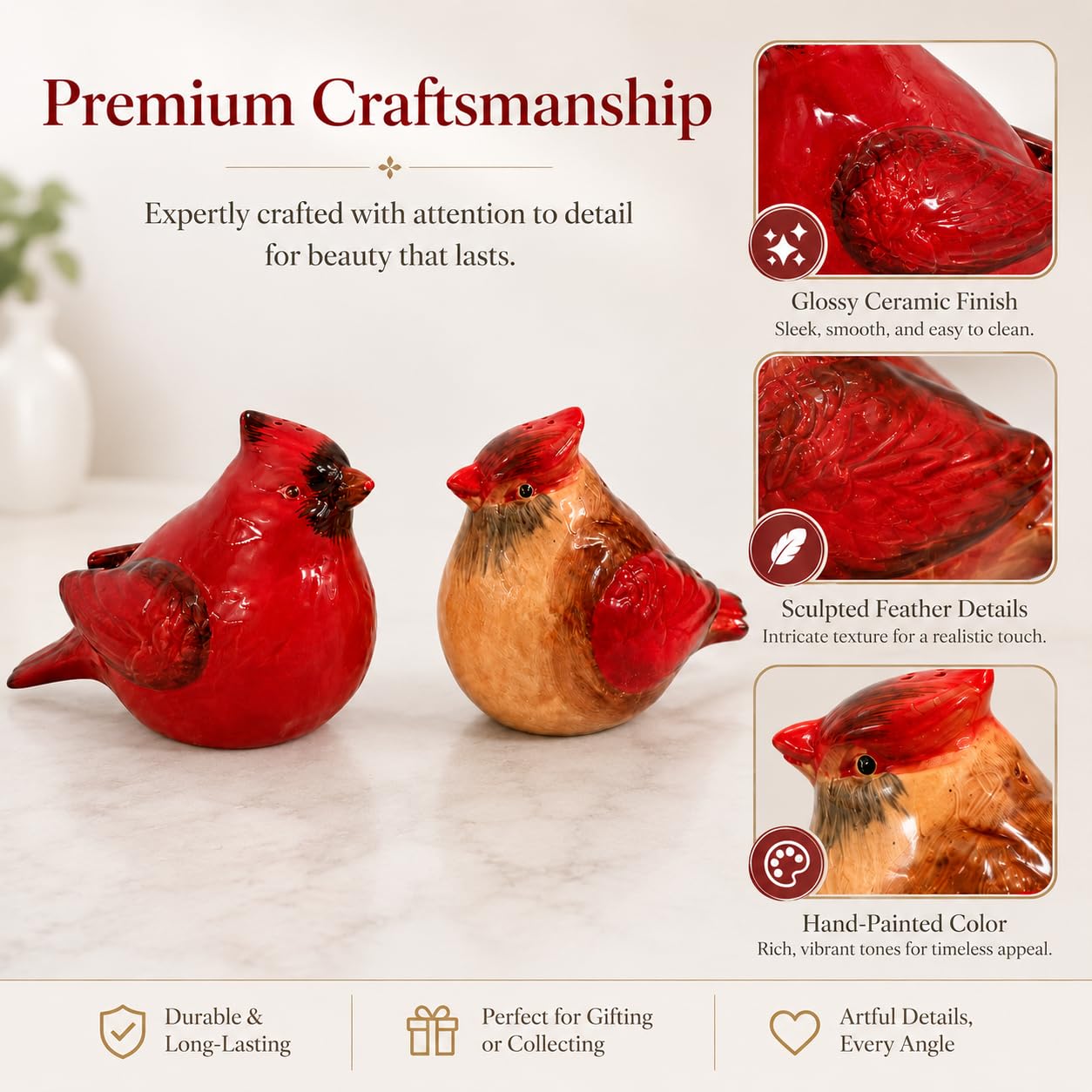 Comfy Hour Farmhouse Collection 3" Two Red Feather Cardinals Salt and Pepper Bottle Stoneware Figurine, Set of 2
