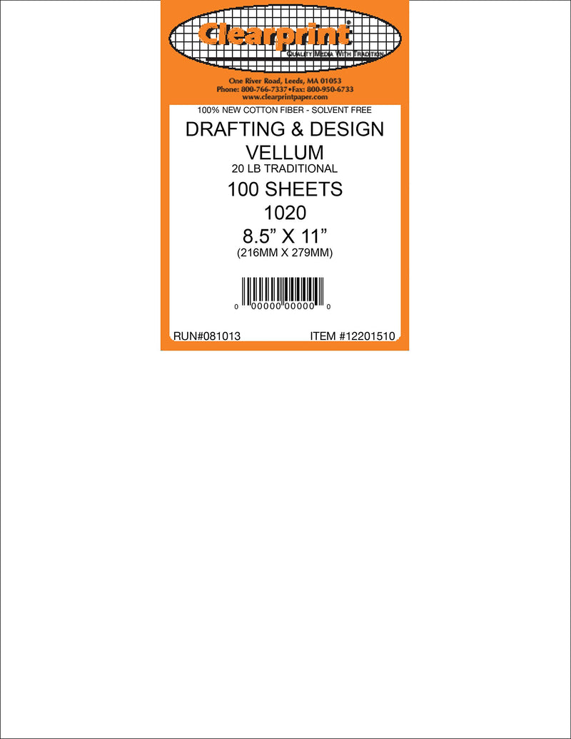 Clearprint 1020H Design Vellum Sheets, 20 lb., 100% Cotton, 8-1/2 x 11 Inches, 100 Sheets Per Pack, Translucent White, 1 Each (12201510)