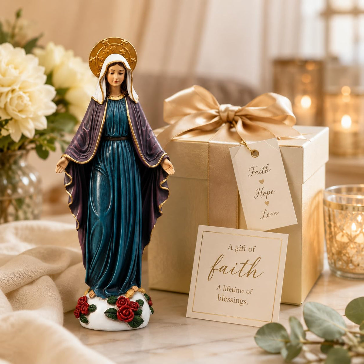 Comfy Hour 9 Inch Mary Statue, Virgin Mary Figurine with Roses