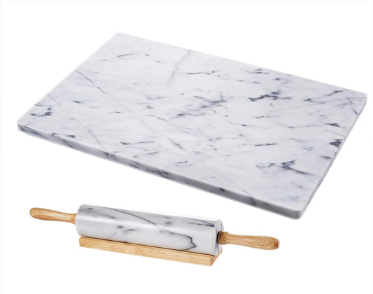 JEmarble Pastry Board 16x20 inch Set with Rolling Pin/Wooden Handles 18 inch(White) Non-Slip Rubber Feets for Stability Perfect for Keep the Dough Cool and Chocolate Tempering(Premium Quality)
