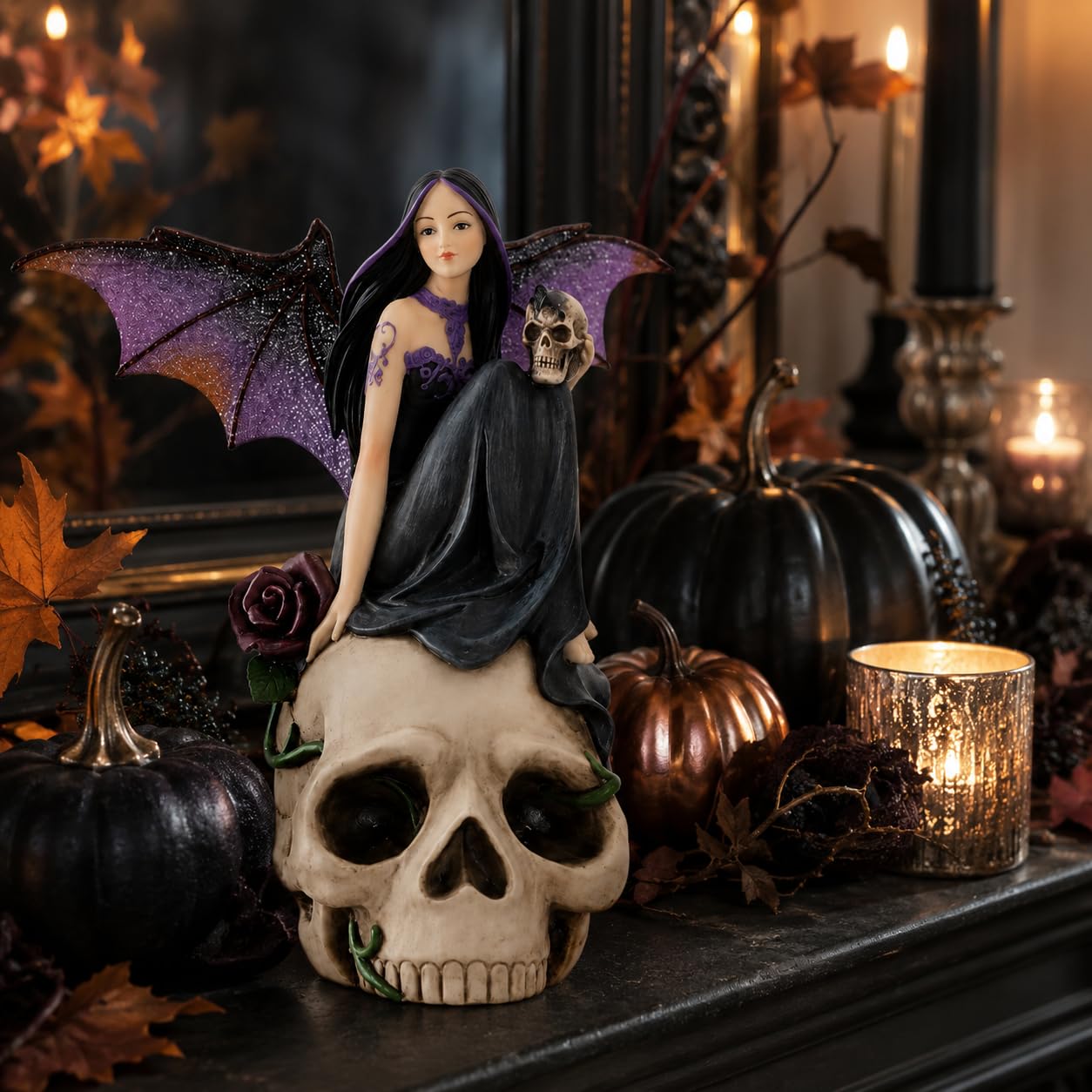 Comfy Hour 7 Inch Fairy Figurine, Dark Fairy Statue with Skull