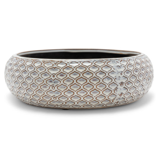 Napco Carved Teardrop Lattice Ceramic Pot with Blue Glaze for Indoor Plants Planter with Saucer, 3 x 8.75 x 8.75 Inch, White and Copper Tone