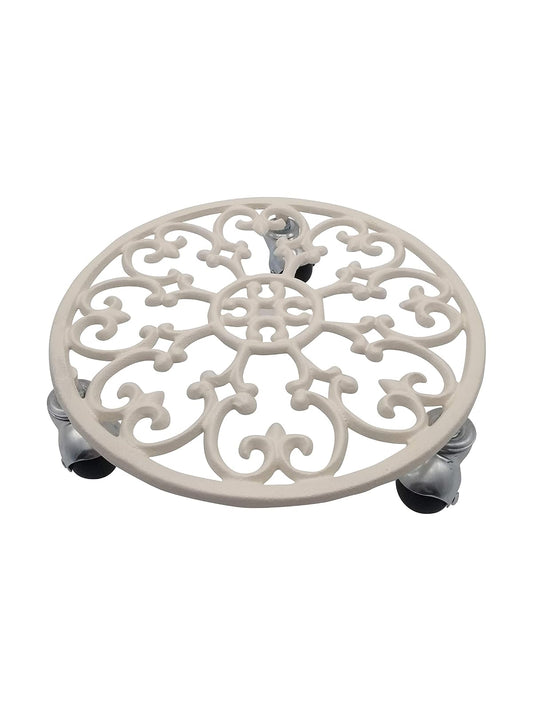 Comfy Hour Rustic Style Outdoor Collection Cast Iron Plant Trolley Flowerpot Holder, with Heavy Duty Super Strong Industrial Strength Iron Wheels, White