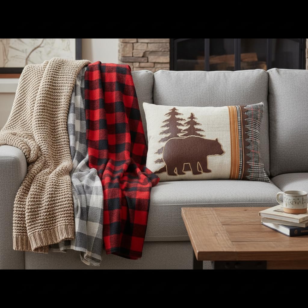 Comfy Hour 18 x 13 Inch Bear Pillow, Plaid Cabin Lumbar Throw Pillow