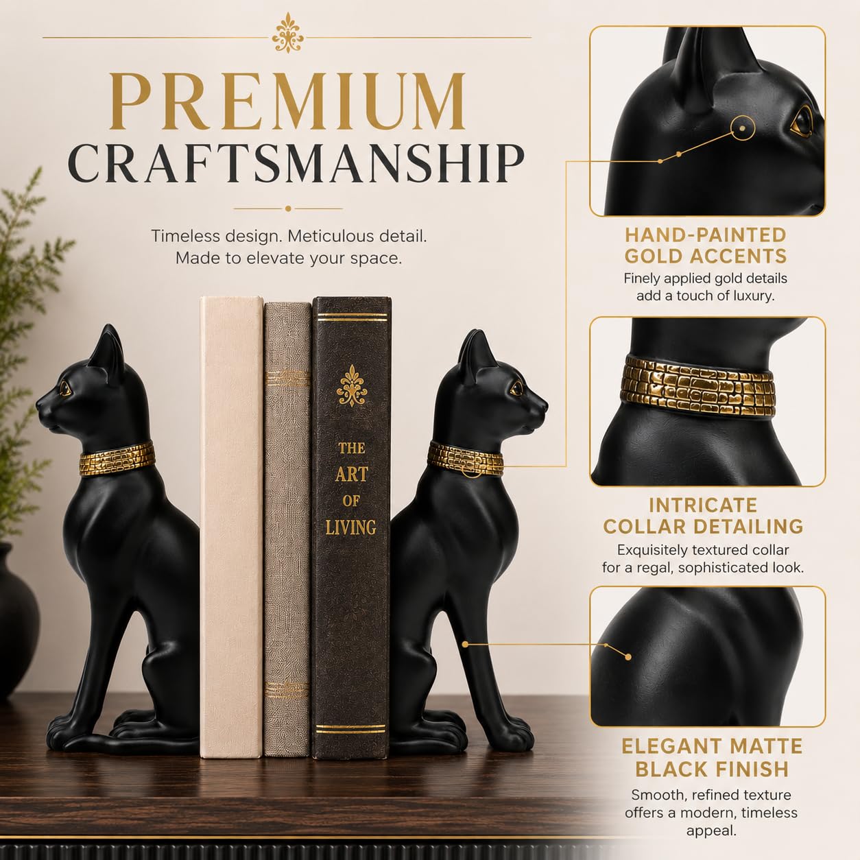 Comfy Hour Farmhouse Home Decor Collection Polyresin Solid Heavy Set of L/R Egyptian Cats Art Bookends, 1 Pair, Black