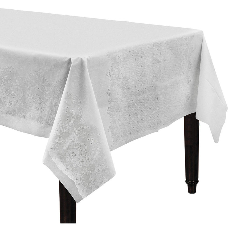 Elegant White Lace Plastic Table Cover - 54&quot; x 108&quot; (1 Pc.) - Premium Quality Waterproof Tablecloth for Parties, Events, and Home Decor